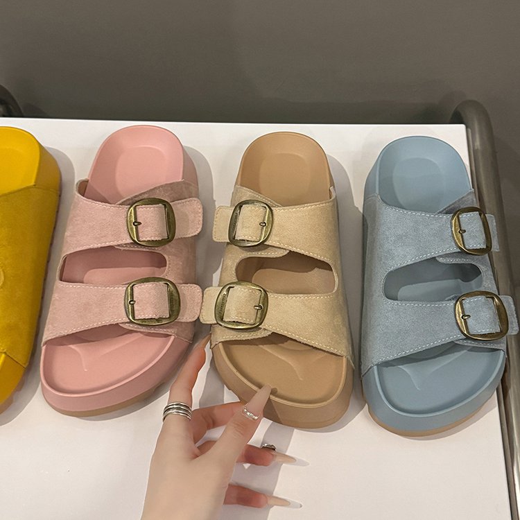 Solid Color Rubber Mid Heel(3-5cm)Platform Sole Suede Slippers