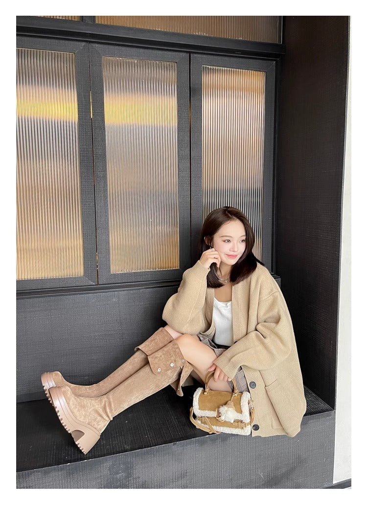 2025New Retro Small Western Boots for Women, Autumn and Winter Fleece-Lined Over-the-Knee Long Boots, Brown Long Boots, Riding Boots