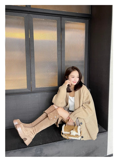 2025New Retro Small Western Boots for Women, Autumn and Winter Fleece-Lined Over-the-Knee Long Boots, Brown Long Boots, Riding Boots
