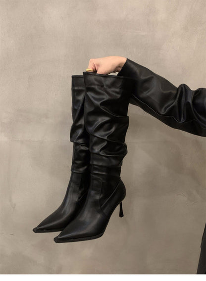 High Heel Pointed Toe Pile Long Boots Women's Shoes2024New Autumn and Winter White Slim Thin Heel Knight Mid-Length Boots