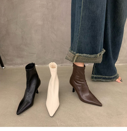 Thin Heel High Heel Spring and Autumn Single Boots Pointed Toe Short Boots Women's Shoes2023New Year's New White Korean Style Slim Nude Boots
