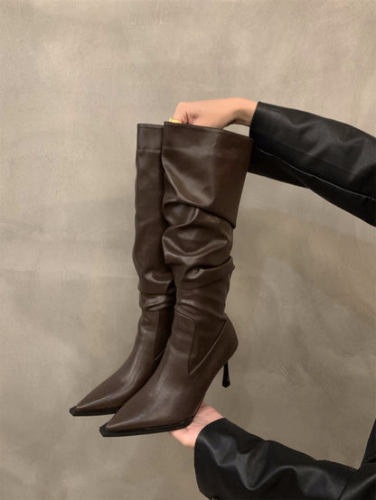 High Heel Pointed Toe Pile Long Boots Women's Shoes2024New Autumn and Winter White Slim Thin Heel Knight Mid-Length Boots