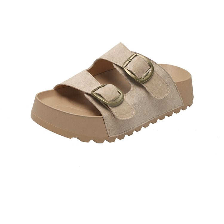 Solid Color Rubber Mid Heel(3-5cm)Platform Sole Suede Slippers