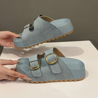 Solid Color Rubber Mid Heel(3-5cm)Platform Sole Suede Slippers