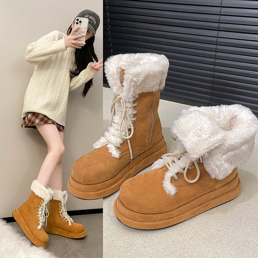 Artificial Long Plush Fabric Mid Heel(3-5cm)Rubber Platform Sole Boots Winter Short Round Toe Front Lace Snow Boots