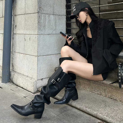 Korean Style Large Tube Pile Boots for Women with Chunky Heels, Over-the-Knee Boots2024Autumn Belt Buckle Western Boots Fashion Long Boots