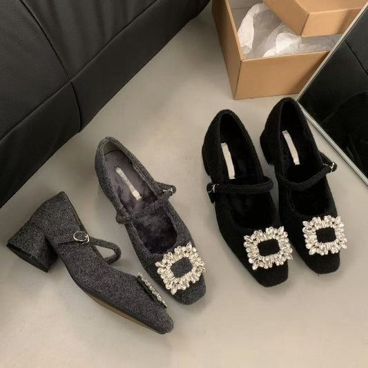 Thick Heel High Heel Black Square Toe Rhinestone Single Shoes Women's Shoes2024New autumn and winter fleece-lined Mary Jane furry shoes