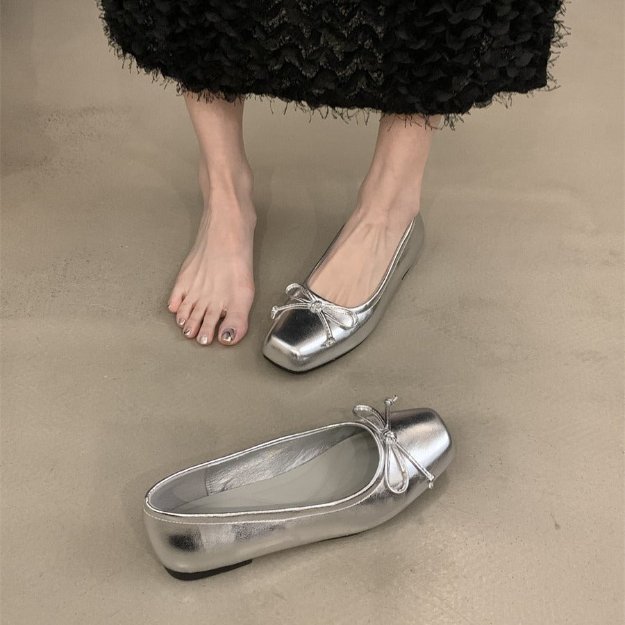 silver Flats Shallow Mouth Bowknot2024Spring New French Style Gentle Evening Breeze Flat Shoes for Women