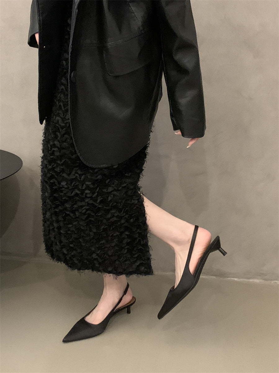 Niche high-end closed-toe sandals for women2024New Spring and Autumn Style Thin Heel Comfortable Pointed Toe Backless Single Shoes
