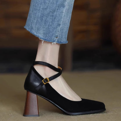 Women's retro square toe high heels2023Autumn and Winter New Suede Leather Patchwork Chunky Heel Cross Buckle Mary Jane Shoes