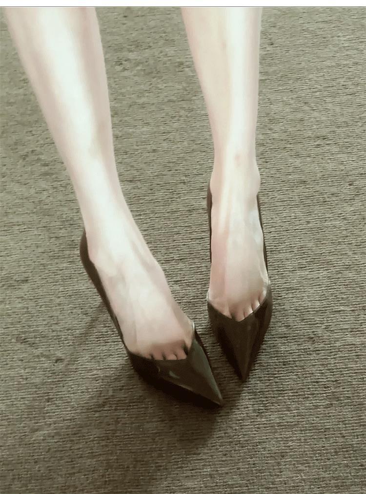 2025Spring New Pointed Toe Shallow Mouth Patent Leather Coffee Color Women's Shoes V Professional Commuting Stiletto High Heels