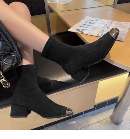 Women's Suede Ankle Boots2024Autumn New Fashionable Chunky Heel Metal Square Toe Mid-Heel Stretch Slim Sock Boots
