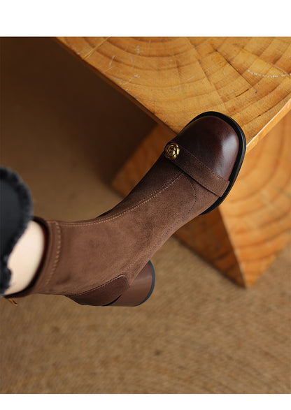 Patchwork Suede Camellia High Heel Chunky Heel Short Boots for Women Stretch Slim Boots Plus Size