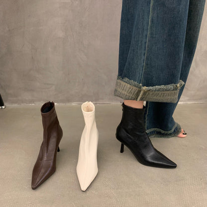 Thin Heel High Heel Spring and Autumn Single Boots Pointed Toe Short Boots Women's Shoes2023New Year's New White Korean Style Slim Nude Boots