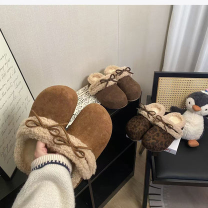 2025New Autumn and Winter Style Elegant Internet Celebrity Bow Cotton Slippers Light Luxury Retro Style Simple Versatile Closed-Toe Slippers
