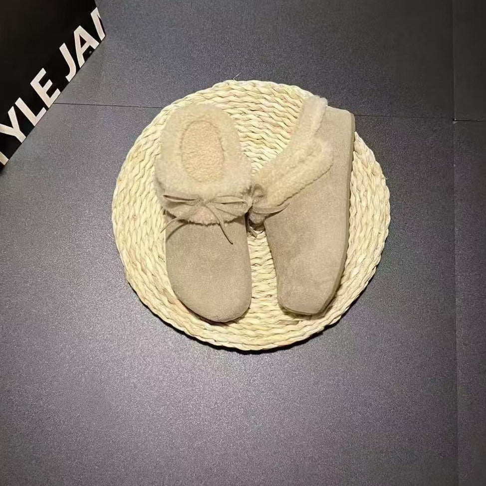 2025New Autumn and Winter Style Elegant Internet Celebrity Bow Cotton Slippers Light Luxury Retro Style Simple Versatile Closed-Toe Slippers