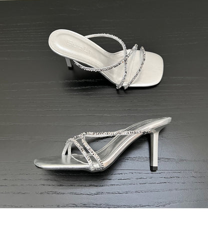 Cool and sophisticated！silver Rhinestone Sandals for Women2025Summer new fashion sexy mules high heel sandals