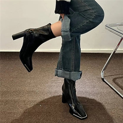 Kendall Jenner Style Short Boots for Women2023New Autumn Winter Square Toe Patent Leather Chunky Heel Short Slimming High Heel Boots