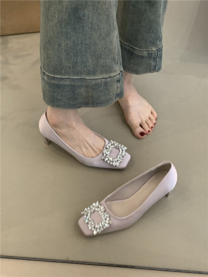 Elegant High Heels for Women2025New Year's New French Elegant Evening Style Rhinestone Square Toe Shallow Mouth Thick Heel Commuting Women's Shoes