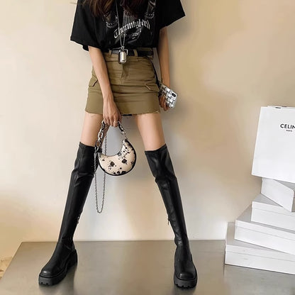 Over-the-Knee Long Boots for Women, French Style High Boots, Leg-Wrapping Elastic Slim Boots, Thick-Soled Leather Boots, Riding Boots