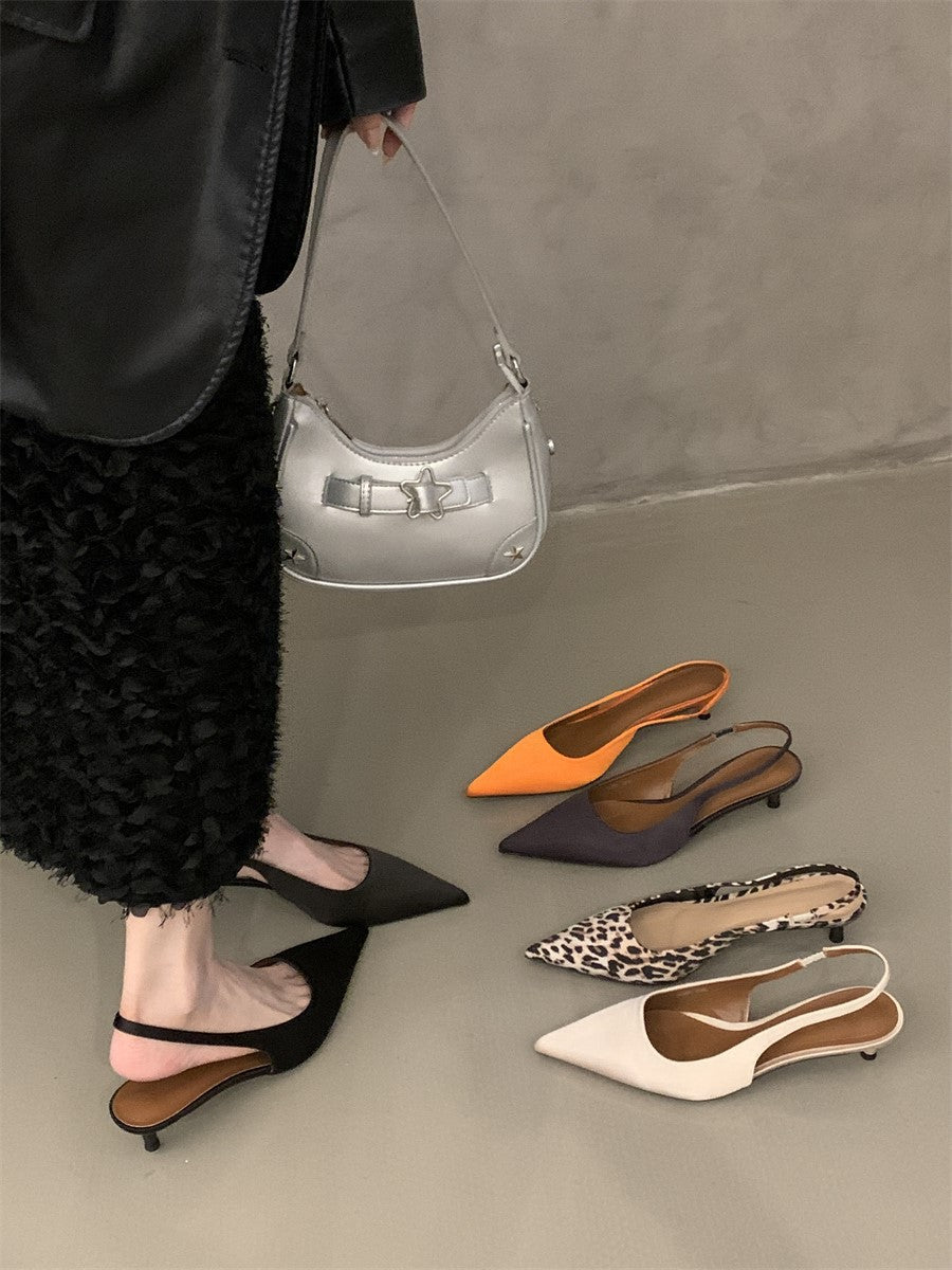 Niche high-end closed-toe sandals for women2024New Spring and Autumn Style Thin Heel Comfortable Pointed Toe Backless Single Shoes