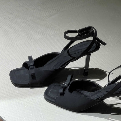 Ankle Strap silver Satin Bow High Heel Sandals Thin Heel Open Toe Women's Sandals Elegant