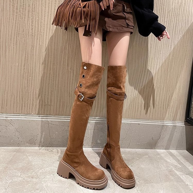 2025New Retro Small Western Boots for Women, Autumn and Winter Fleece-Lined Over-the-Knee Long Boots, Brown Long Boots, Riding Boots