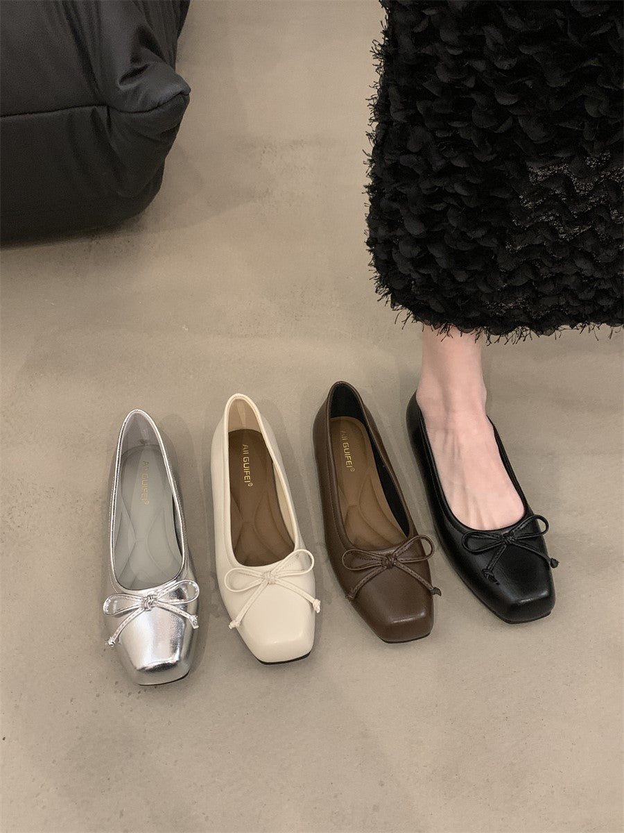 silver Flats Shallow Mouth Bowknot2024Spring New French Style Gentle Evening Breeze Flat Shoes for Women