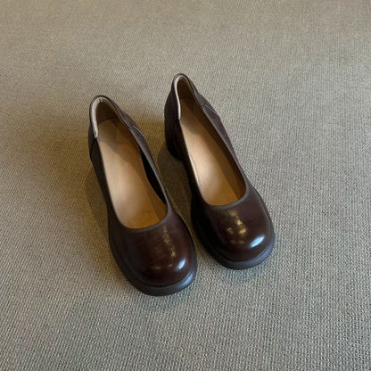 Vintage Shallow Mouth Single Shoes for Women, Round Toe, Chunky Heel, Slip-On Mary Jane Shoes, British Style Small Leather Shoes