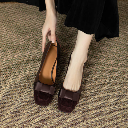 French style color-blocking high heels for women2024Spring and Autumn New Style Chunky Heel Bow Retro Mid-Heel Single Shoes