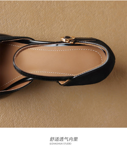 French Retro Elegant Mature Hollow Toe Sandals2024New Year's New Versatile Simple Thick Heel Buckle High Heels