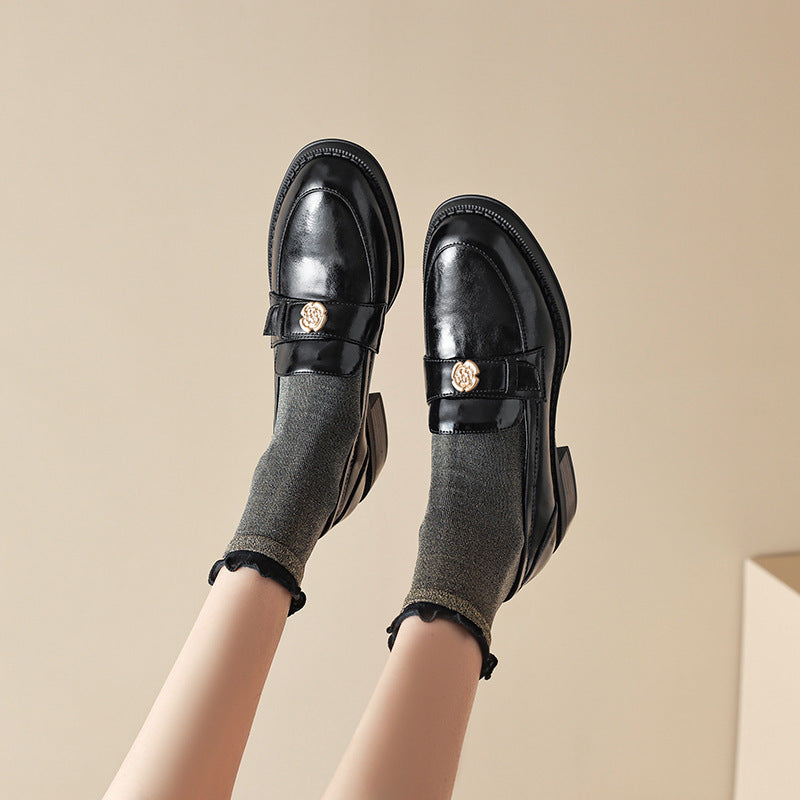 Left Bank Paris～！Chunky Heel British Style Gold Buckle Loafers for Women, Patent Leather Black Single Shoes