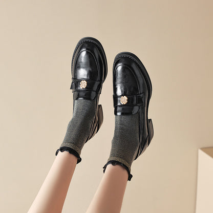 Left Bank Paris～！Chunky Heel British Style Gold Buckle Loafers for Women, Patent Leather Black Single Shoes
