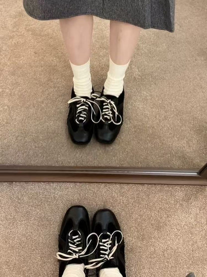 2025Spring and Autumn Retro Black Lace-up Shoes for Women, Height-increasing Casual Sneakers, Trendy Sports Shoes