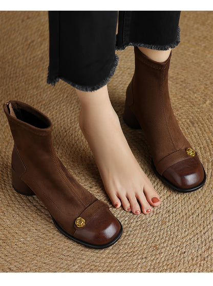 Patchwork Suede Camellia High Heel Chunky Heel Short Boots for Women Stretch Slim Boots Plus Size