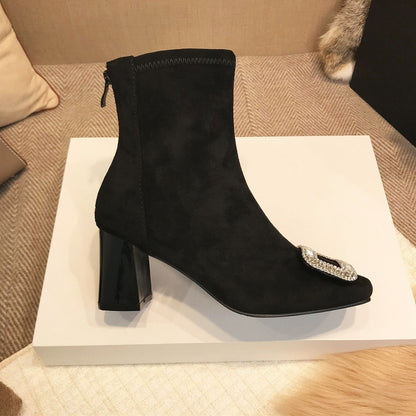 Square Buckle Rhinestone Elastic Sock Boots for Women, Low Heel, Chunky Heel, Black Square Toe Short Boots, Suede Slim Boots for Women