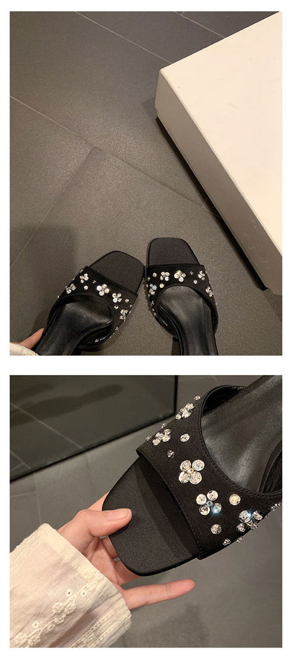 French Style Square Toe One Strap High Heels Petal Rhinestone Satin Kitten Heel Sandals for Women Summer Outdoor Wear