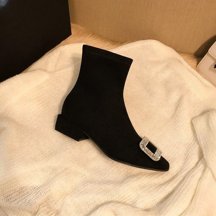 Shining Artifact！Square Toe Slimming Stretch Boots Short Mid Heel Rhinestone Black Slim Boots