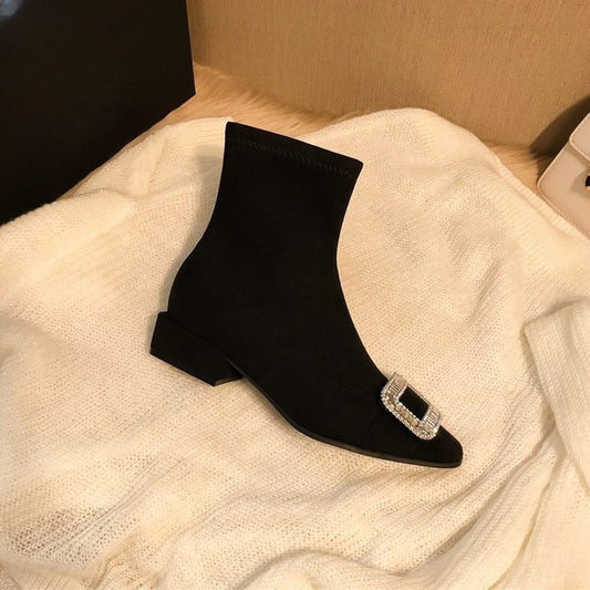 Shining Artifact！Square Toe Slimming Stretch Boots Short Mid Heel Rhinestone Black Slim Boots