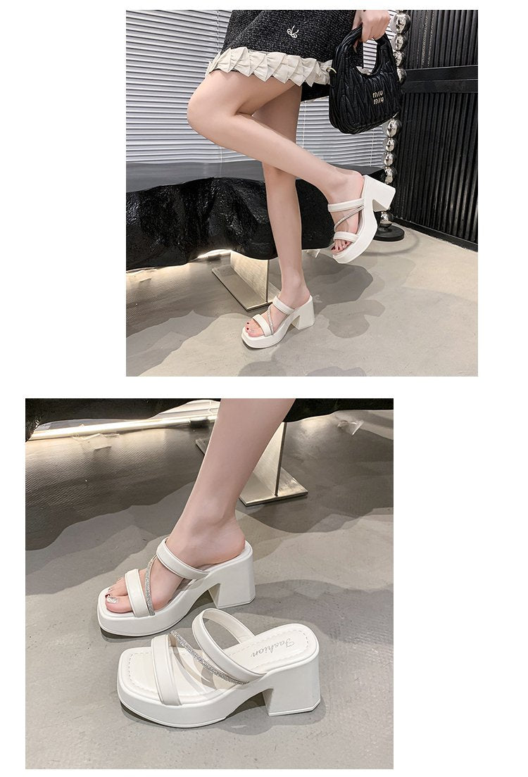 Solid Color Rubber Chunky Heel PU High Heel Slippers