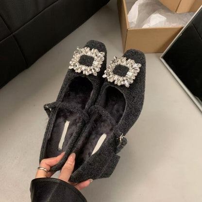 Thick Heel High Heel Black Square Toe Rhinestone Single Shoes Women's Shoes2024New autumn and winter fleece-lined Mary Jane furry shoes