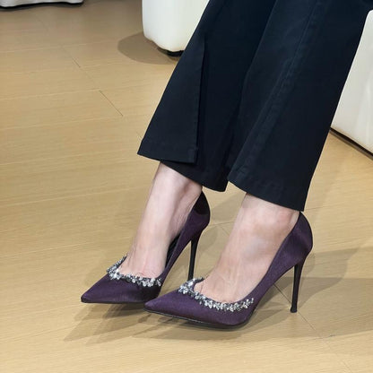 Purple high heels for women with thin heels and pointed toes, decorated with rhinestones V Elegant Socialite Style French Single Shoes2024Winter New