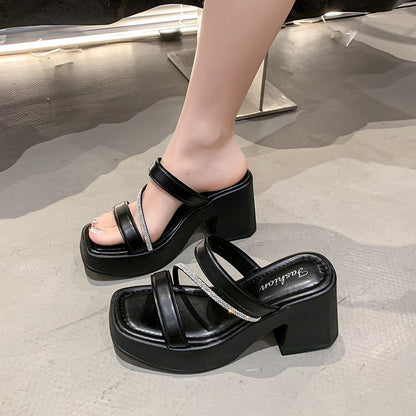 Solid Color Rubber Chunky Heel PU High Heel Slippers