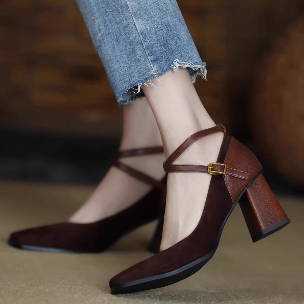 Women's retro square toe high heels2023Autumn and Winter New Suede Leather Patchwork Chunky Heel Cross Buckle Mary Jane Shoes