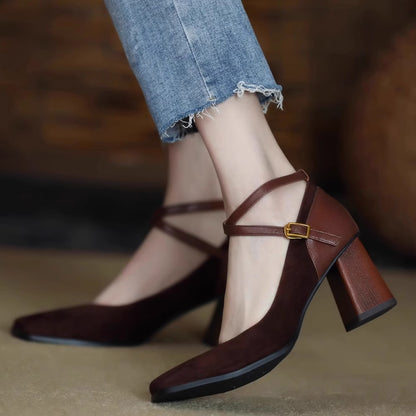 Women's retro square toe high heels2023Autumn and Winter New Suede Leather Patchwork Chunky Heel Cross Buckle Mary Jane Shoes