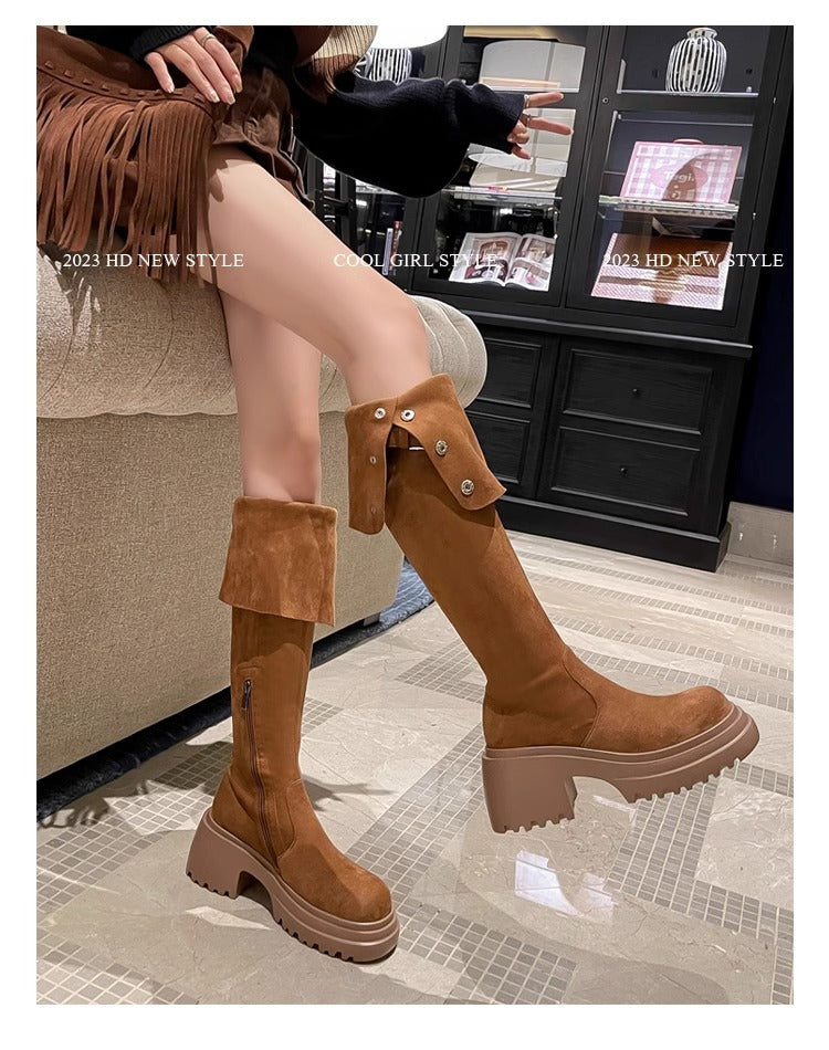 2025New Retro Small Western Boots for Women, Autumn and Winter Fleece-Lined Over-the-Knee Long Boots, Brown Long Boots, Riding Boots