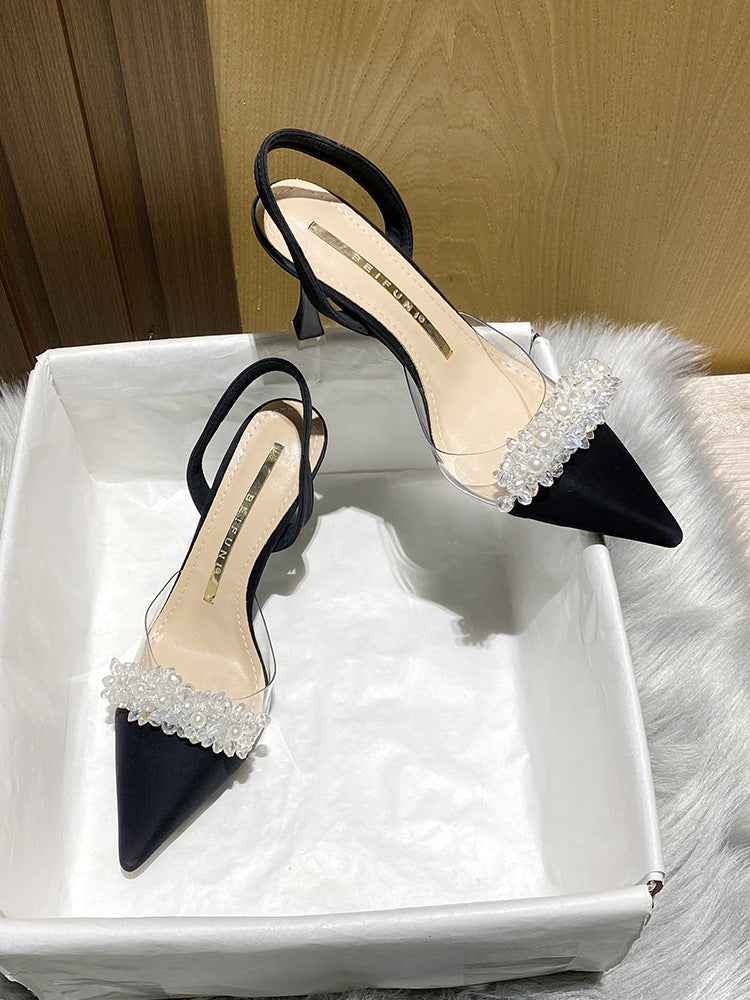 Women's Closed-Toe Sandals for Spring and Summer2023New Year's New French Transparent Pointed Toe Small Heel White High Heels Stiletto Single Shoes