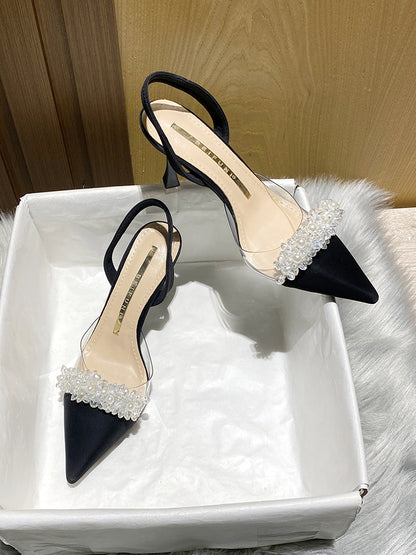 Women's Closed-Toe Sandals for Spring and Summer2023New Year's New French Transparent Pointed Toe Small Heel White High Heels Stiletto Single Shoes