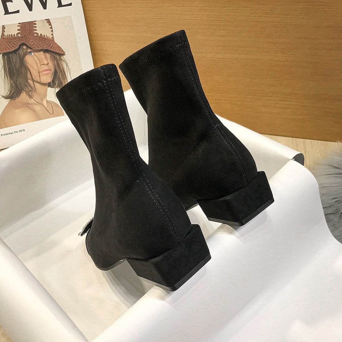Square Buckle Rhinestone Elastic Sock Boots for Women, Low Heel, Chunky Heel, Black Square Toe Short Boots, Suede Slim Boots for Women