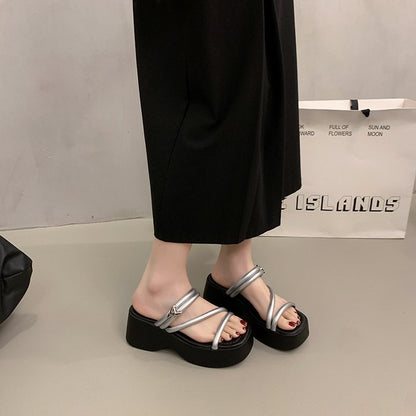 Solid Color Platform Sole Slippers PU Rubber mid-heel(3-5cm)